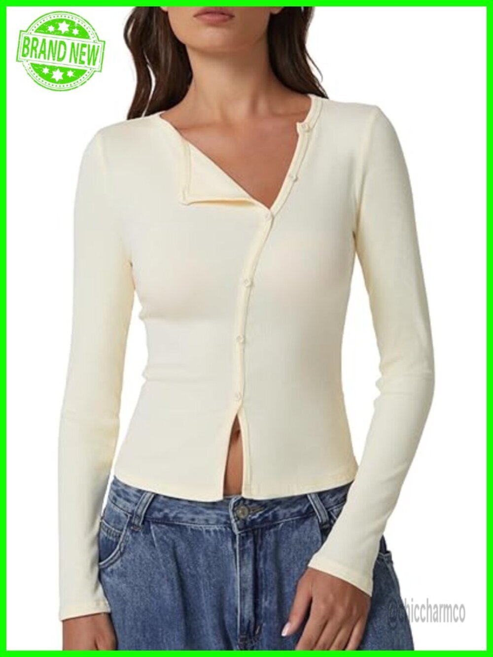 Long Sleeve Ribbed Crewneck Top with Button Fastening